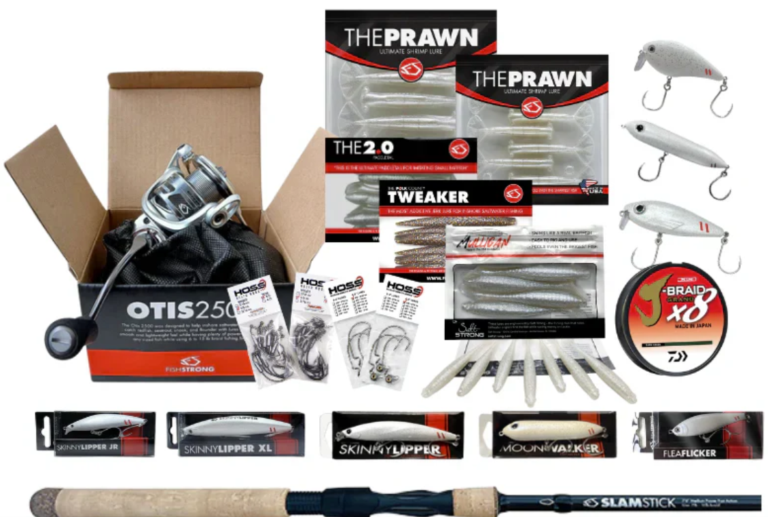 An image of different fishing equipment, such as a reel, bait, fishing line, and a pole.